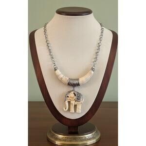 African Elephant Faux Ivory Pendant Necklace Silver Tone Statement Jewelry